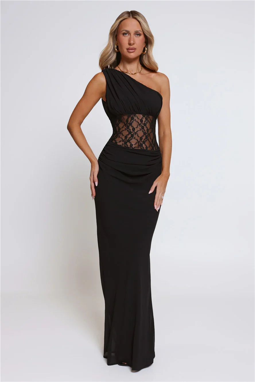 Lace Desire One Shoulder Maxi Dress Black