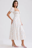 white posy print cotton puff sleeve midi sundress