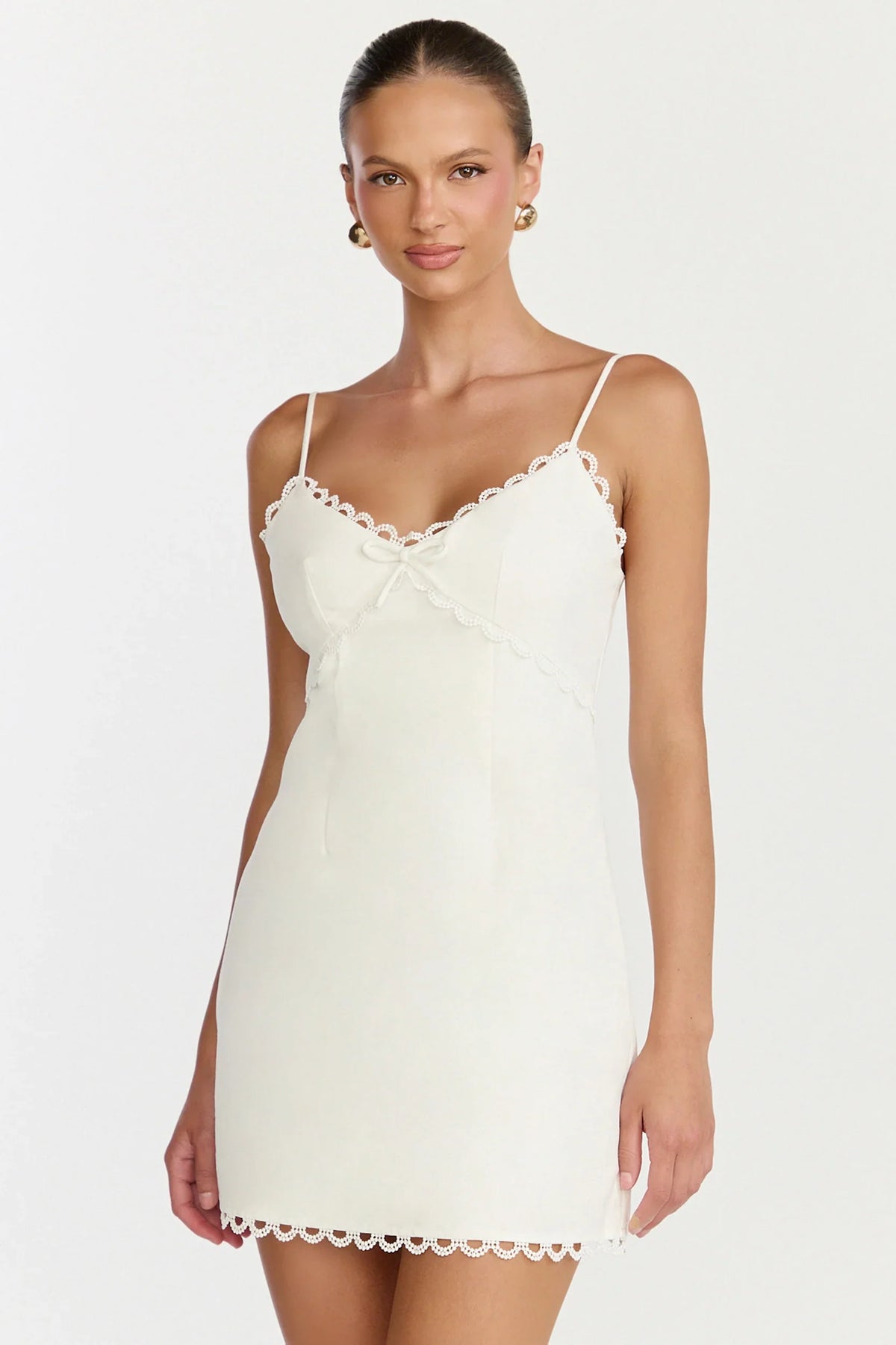 Loya Mini Dress Scallop Lace Trim Mini Dress in Off White