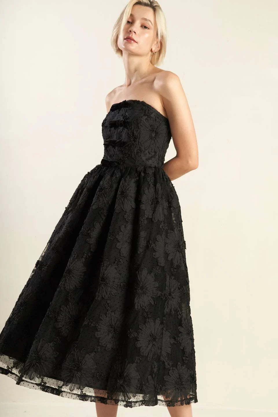 CONFIDENCE GAME BLACK LACE MIDI DRESS
