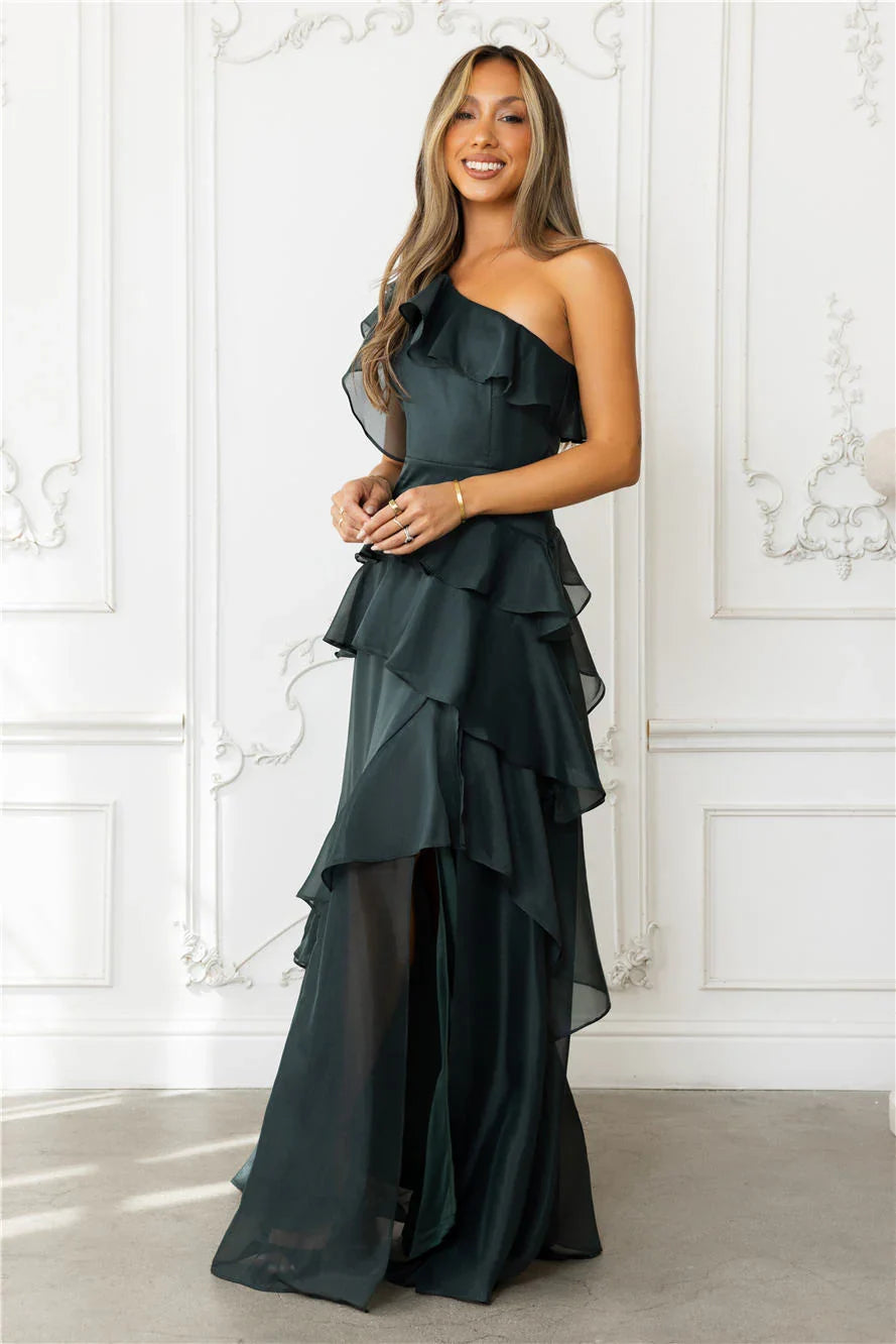 Autumns Embrace One Shoulder Maxi Dress Hunter Green
