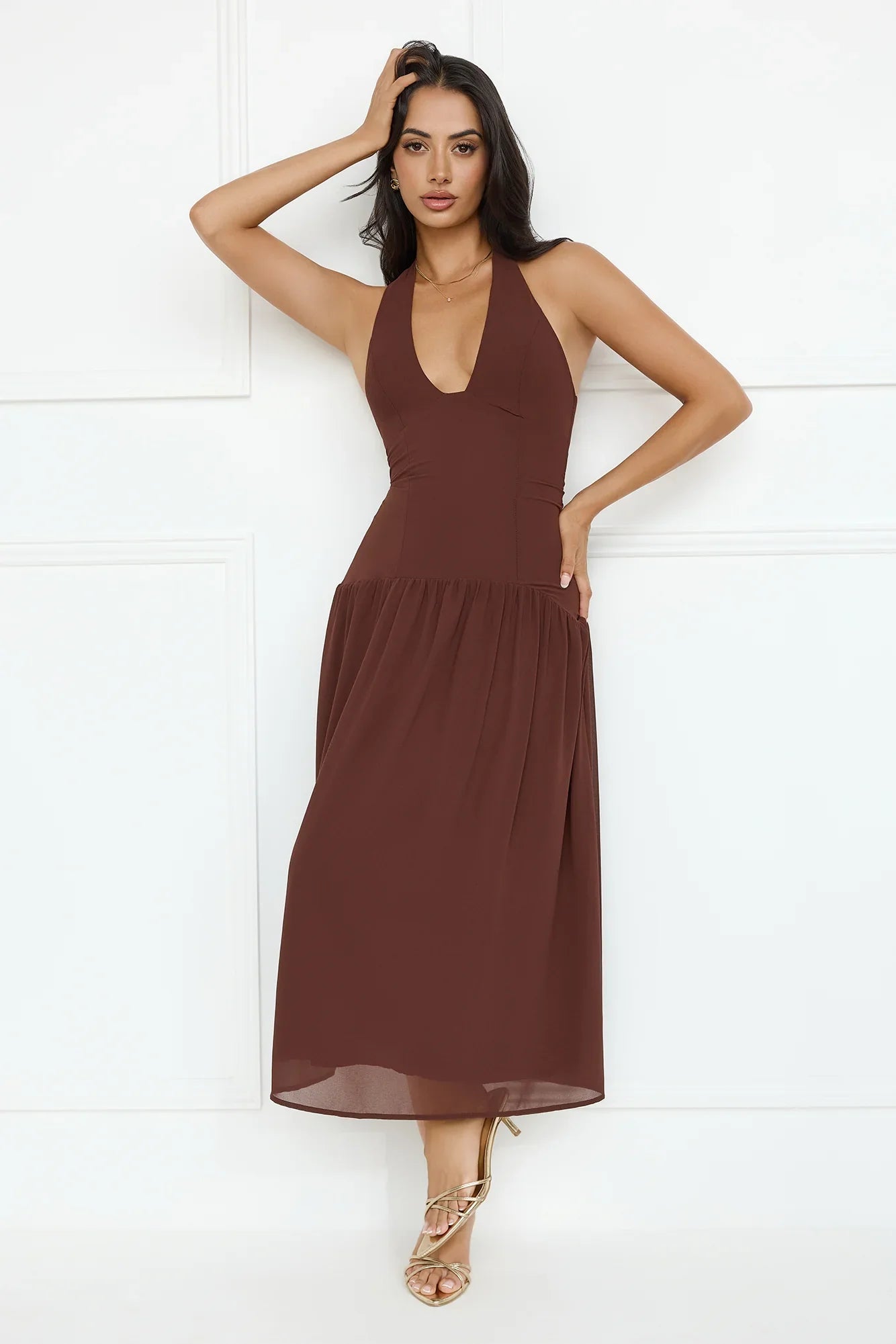 Sassy Style Halter Midi Dress Brown