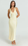 Khalani Midi Dress Deep V Neck Satin Slip Dress in Butter Yellow