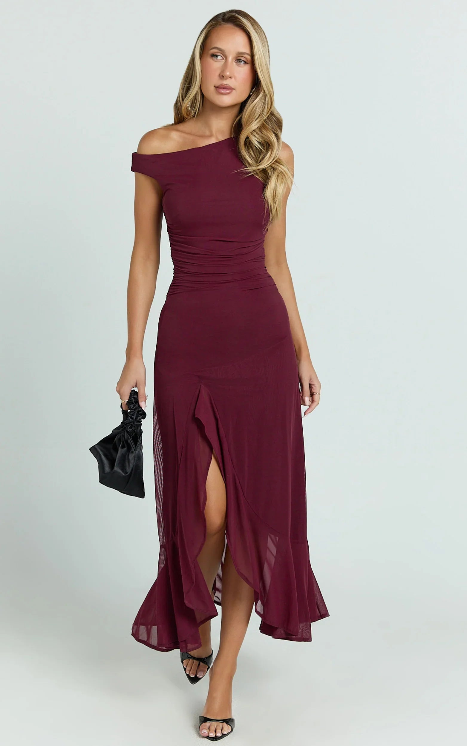 Judee Midi Dress One Shoulder High Side Split Dress in Wine