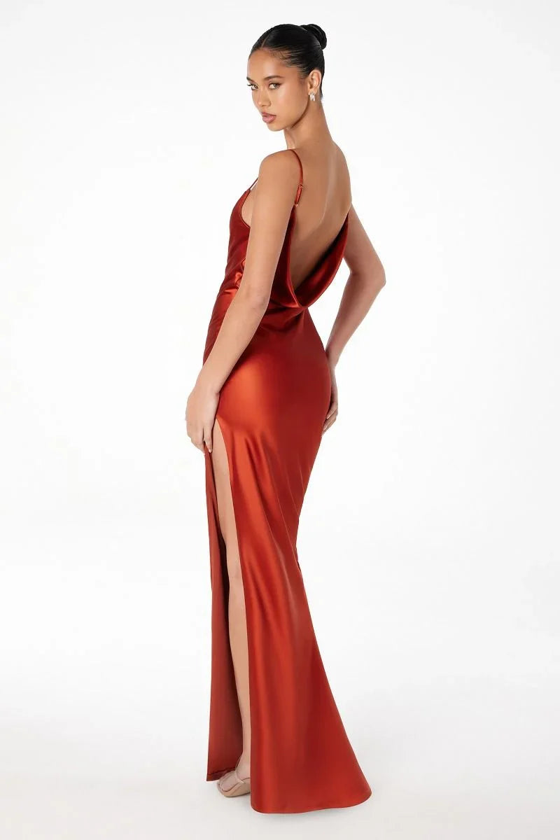 Lina Satin Cowl Neck Maxi Dress with Draped Back