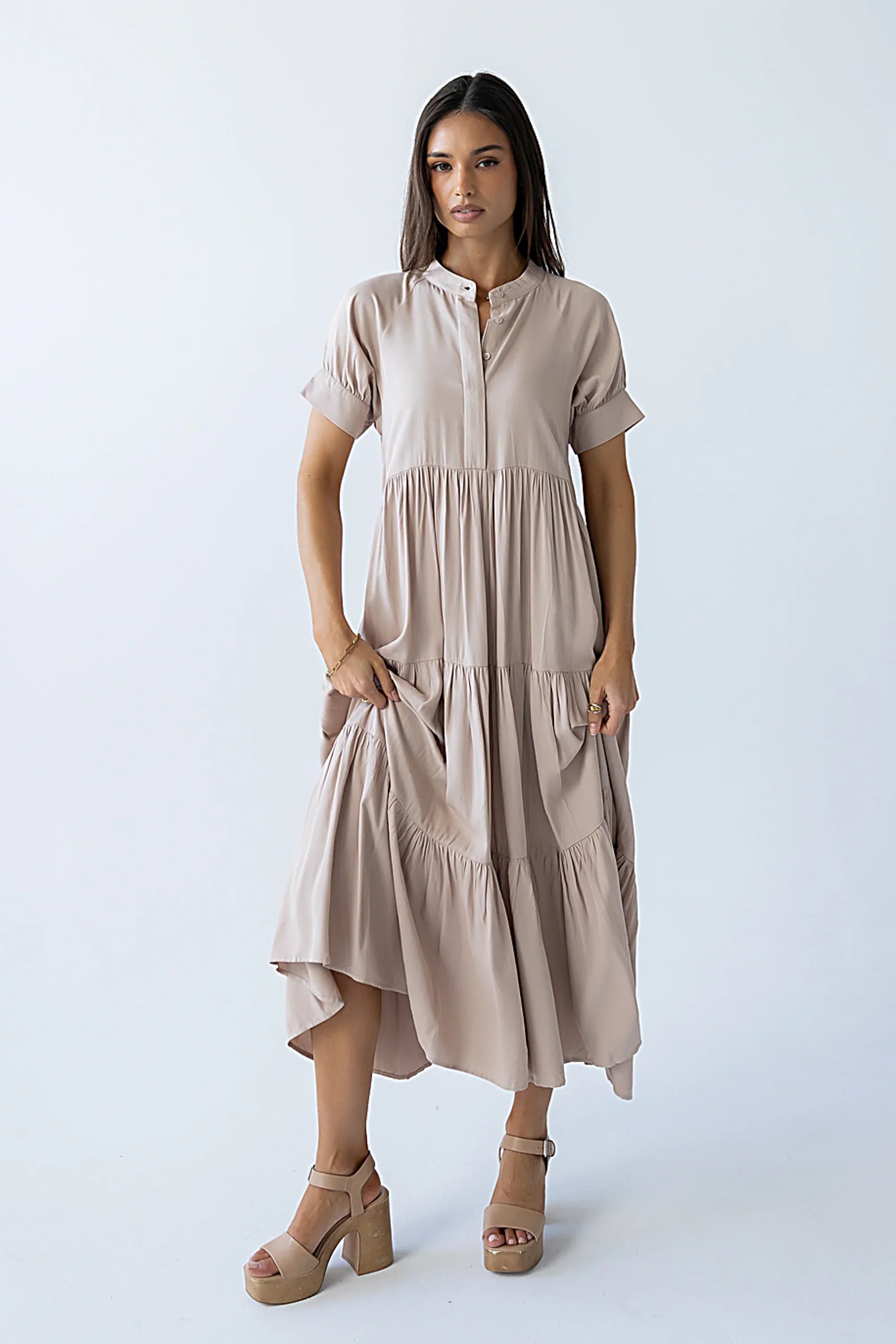 Amanda Tiered Dress in Tan
