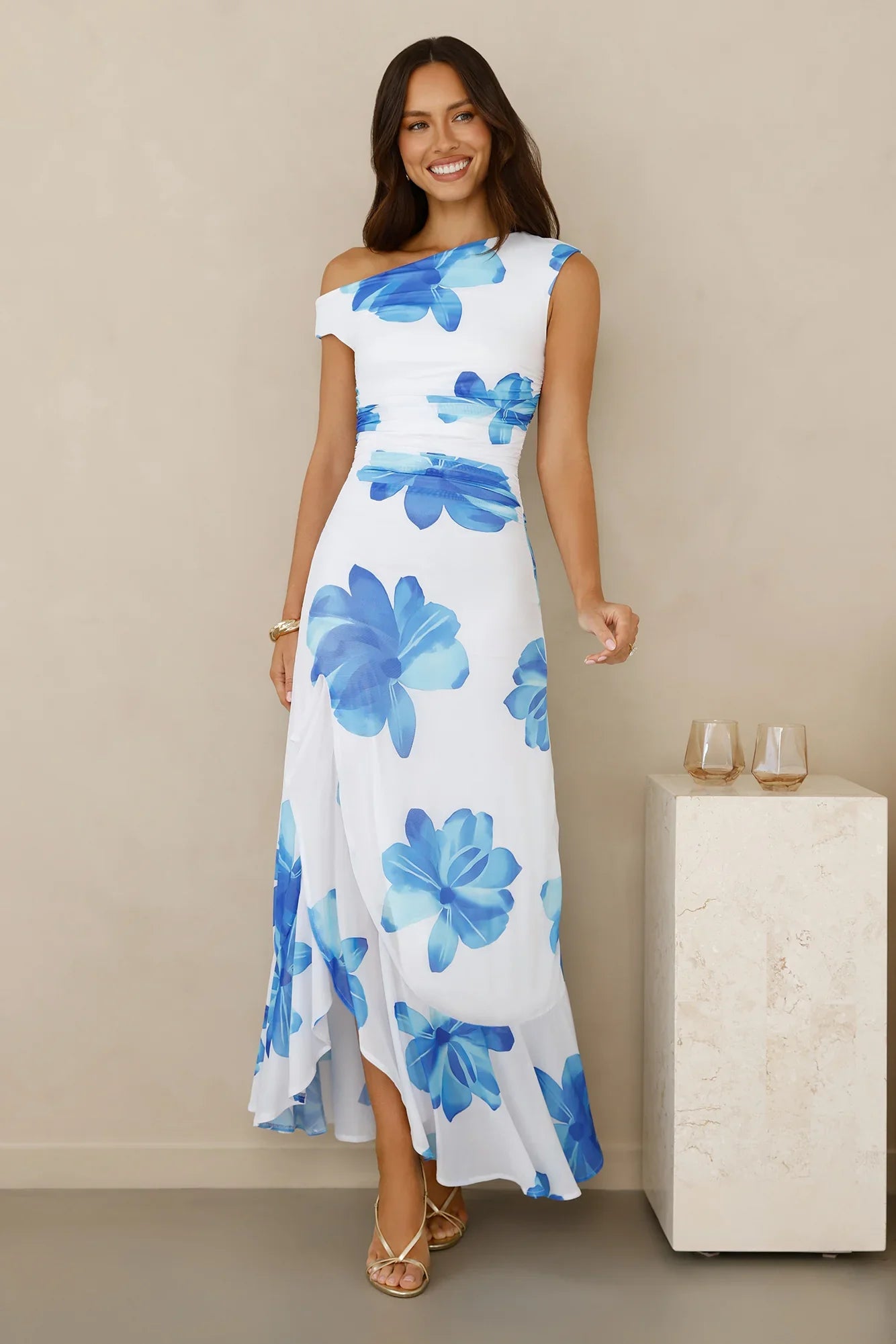 Masquerade Muse One Shoulder Mesh Maxi Dress Blue