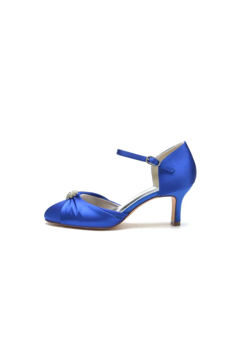 Satin Pointed Toe Strap Buckle Stiletto Heels With Rhinestone