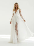 Long Sleeve Boho Flowy Wedding Dress Lace A Line V Neck Beach Gown with Split Front and Sweep Train