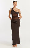 Elias Maxi Dress Twisted One Shoulder Cowl Dropped Waist Dress in Chocolate