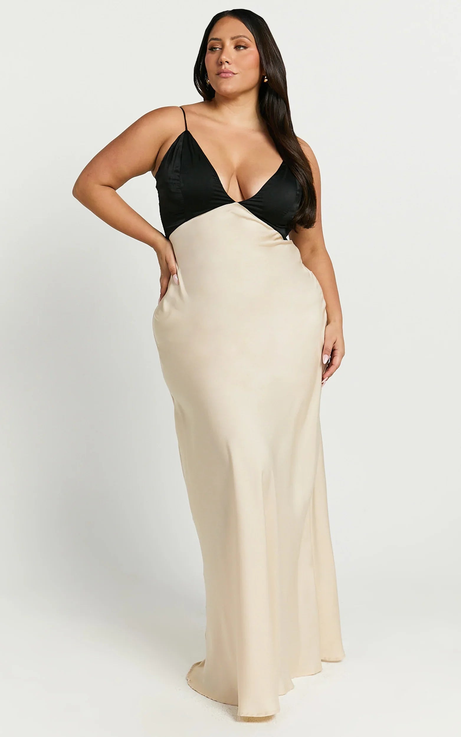 Quincy Maxi Dress Satin Slip Dress in Black Champagne