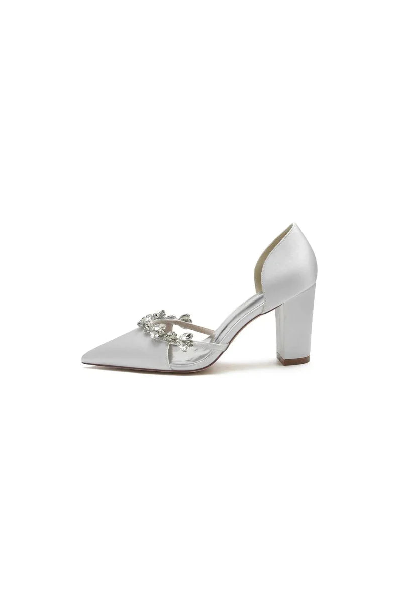 Crystal Strap Pointed Toe Block Heel Sandals