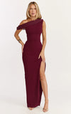 Helen Maxi Dress One Shoulder Draped Fitted Dress in Wine