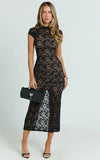 Emma Midi Dress Lace Cap Sleeve Bodycon Dress in Black