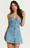 Alena Mini Dress Sweetheart Button Down Sleeveless Bodycon Denim Dress in Mid Blue Wash