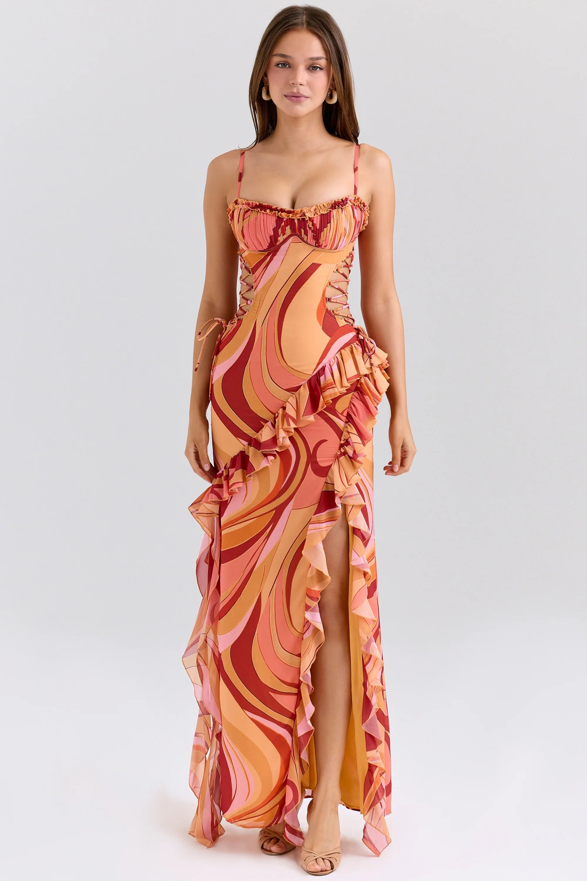 sunset swirl print ruffle cut out maxi dress