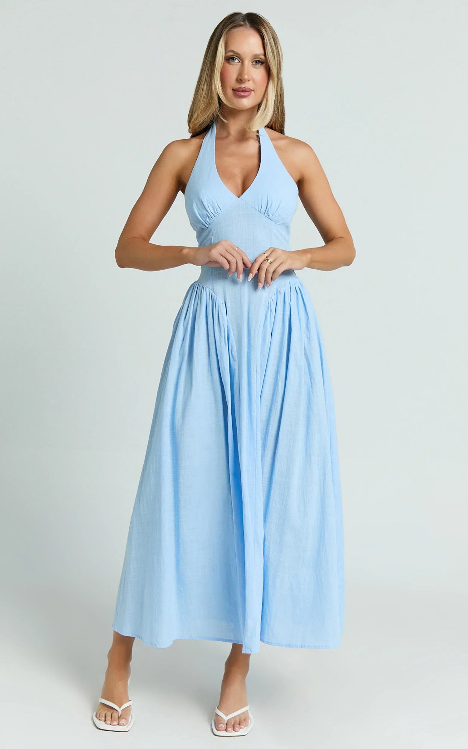 Athena Midi Dress Halter Drop Waist Dress in Blue