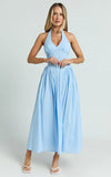Athena Midi Dress Halter Drop Waist Dress in Blue