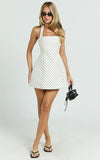 Dante Mini Dress Halter Neck Tie Tulip Skirt Dress in White Polkadot