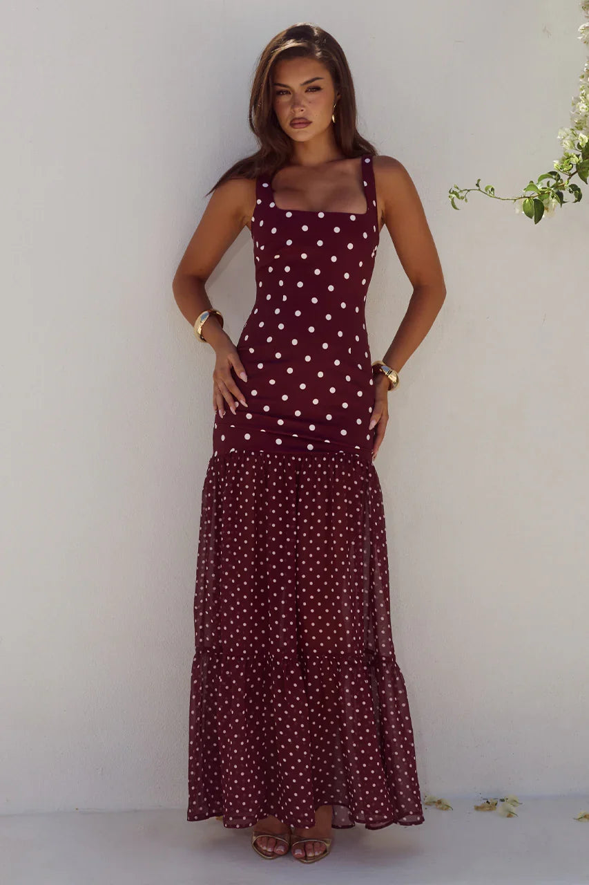 TILLIE SHEER BOTTOM MAXI DRESS WINE WHITE POLKA