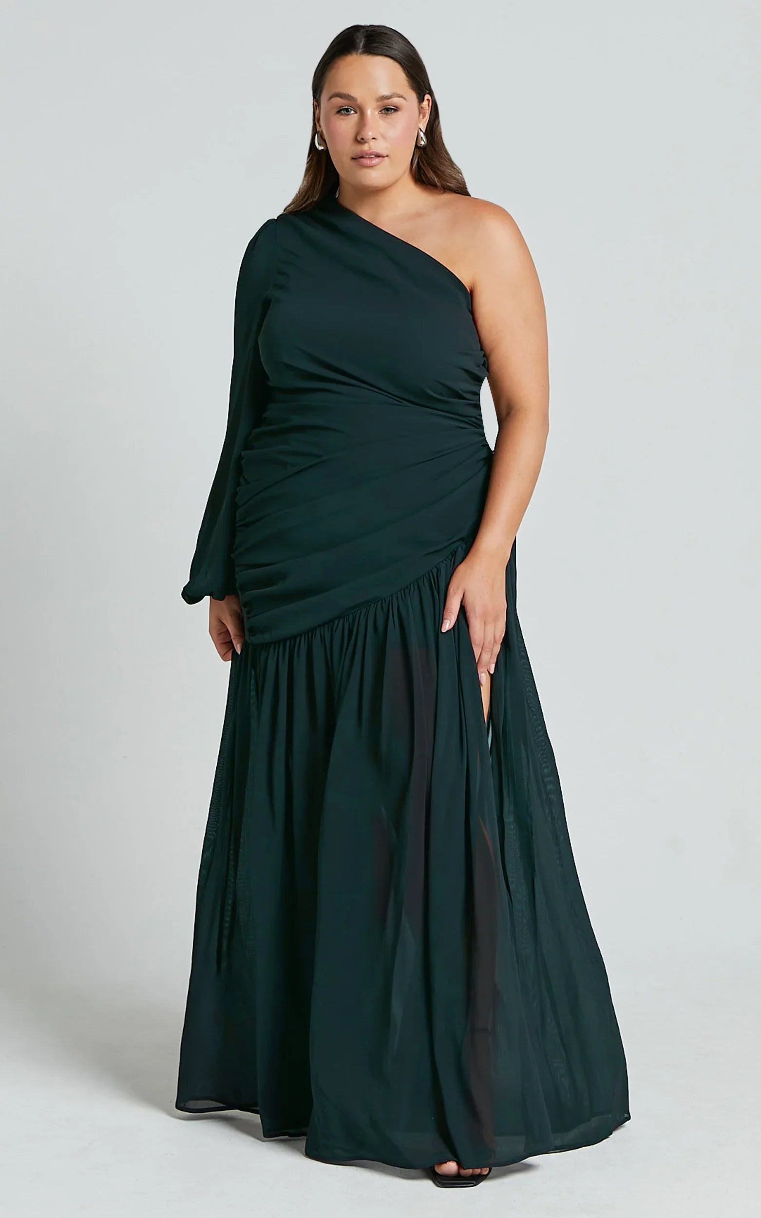 Grittah Maxi Dress One Shoulder Bishop Sleeve High Split Ruched Dress in Emerald