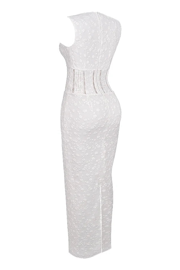 white cotton broderie anglais plunge maxi dress