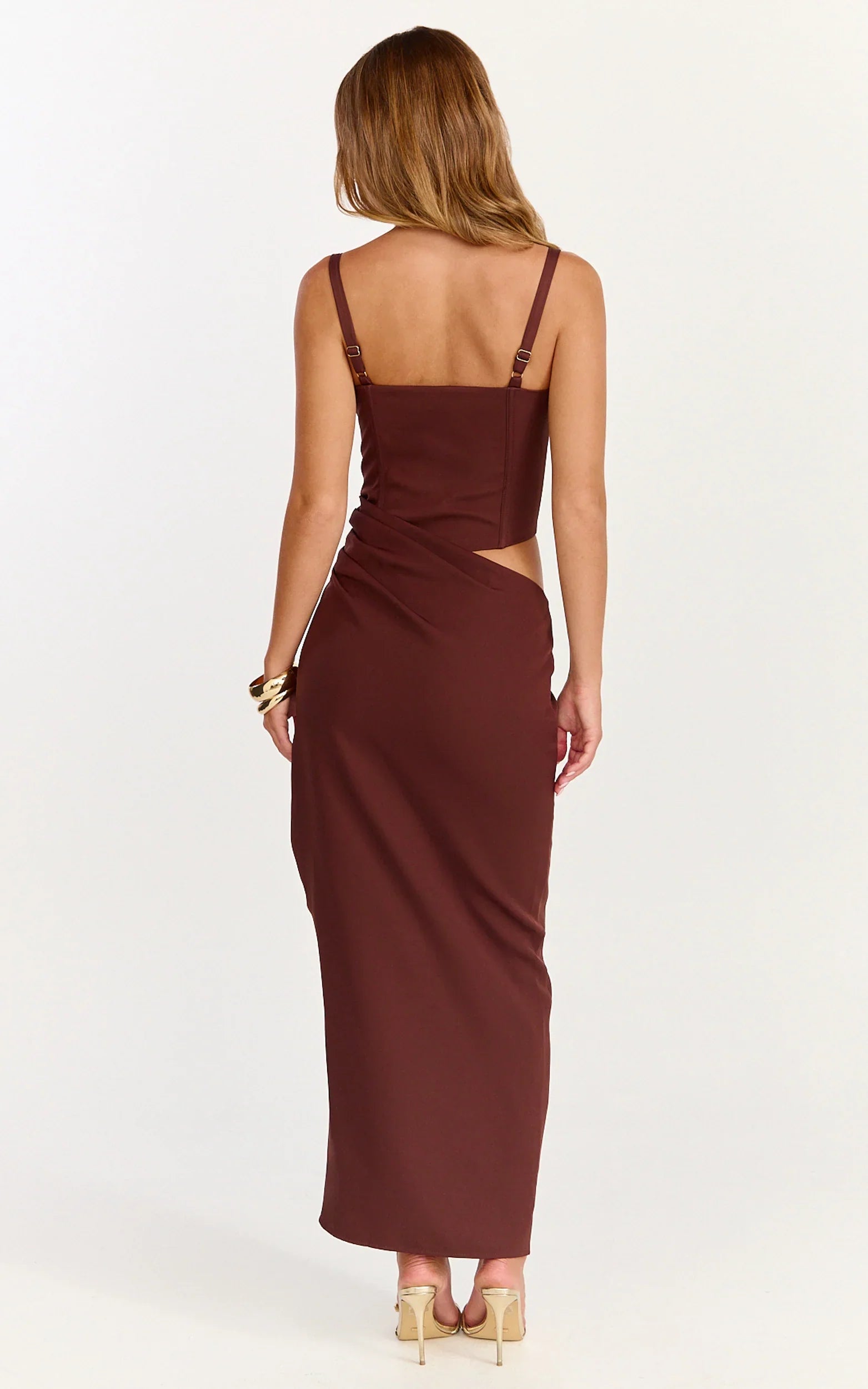 Jonas Maxi Dress Strapless Corset Bodice Draped Waist Skirt Dress in Chocolate