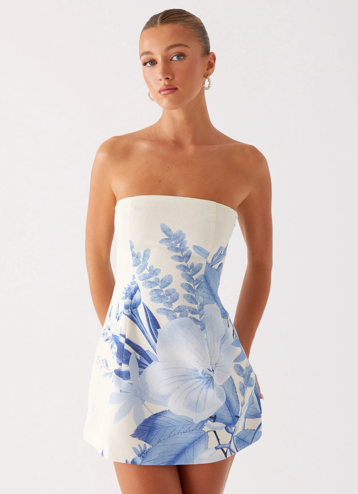Denby Strapless Mini Dress Blue Floral Print