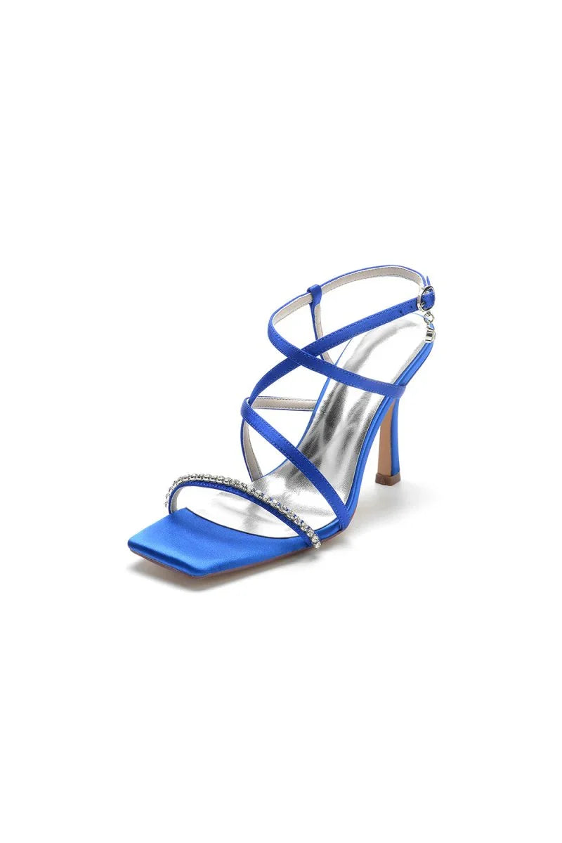 Square Open Toe Crystal Cross Straps Chunky Heels