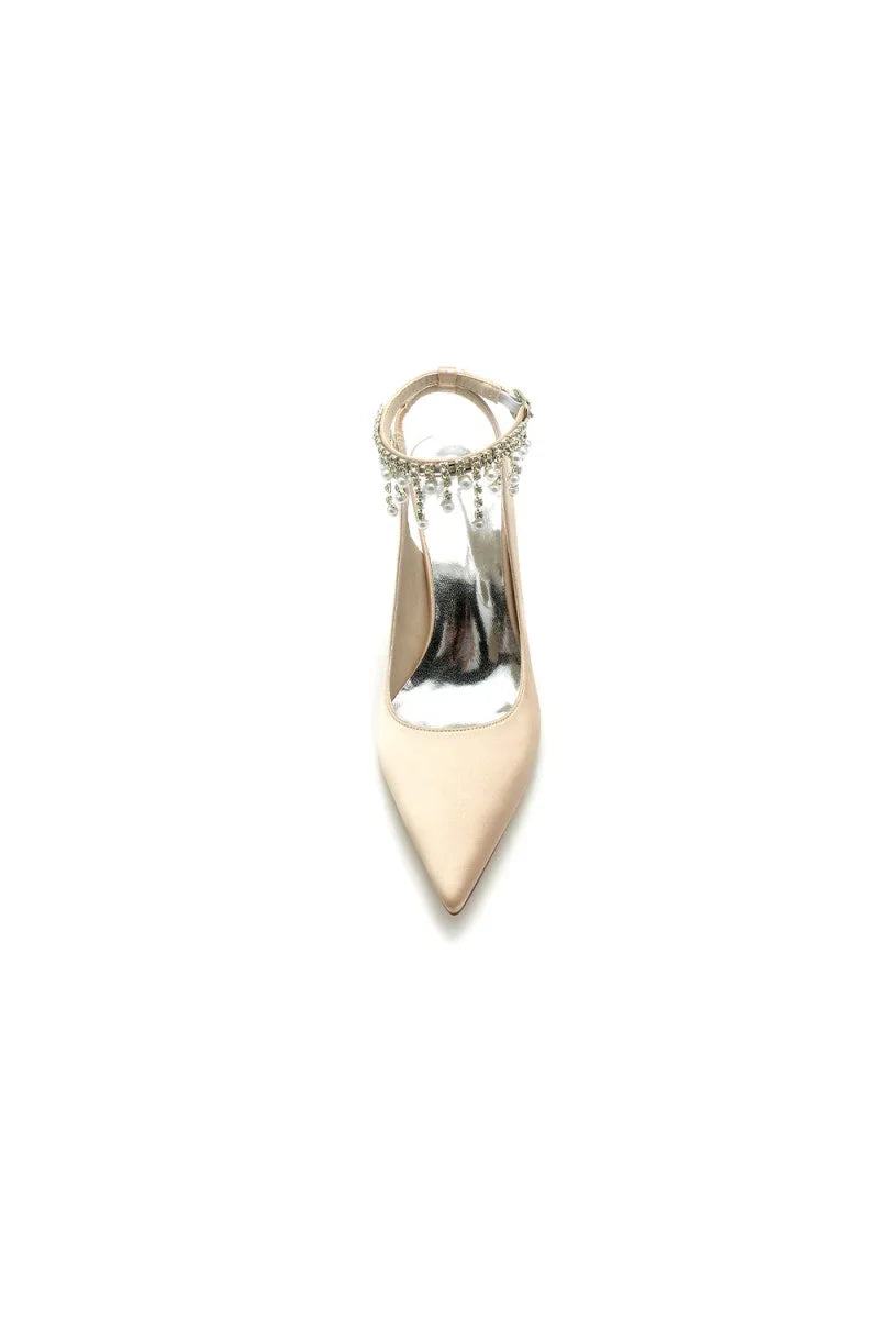 Pointed Toe Satin Chunky Heels With Pearl Tassel