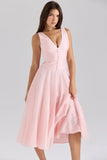 pink chiffon button midi dress