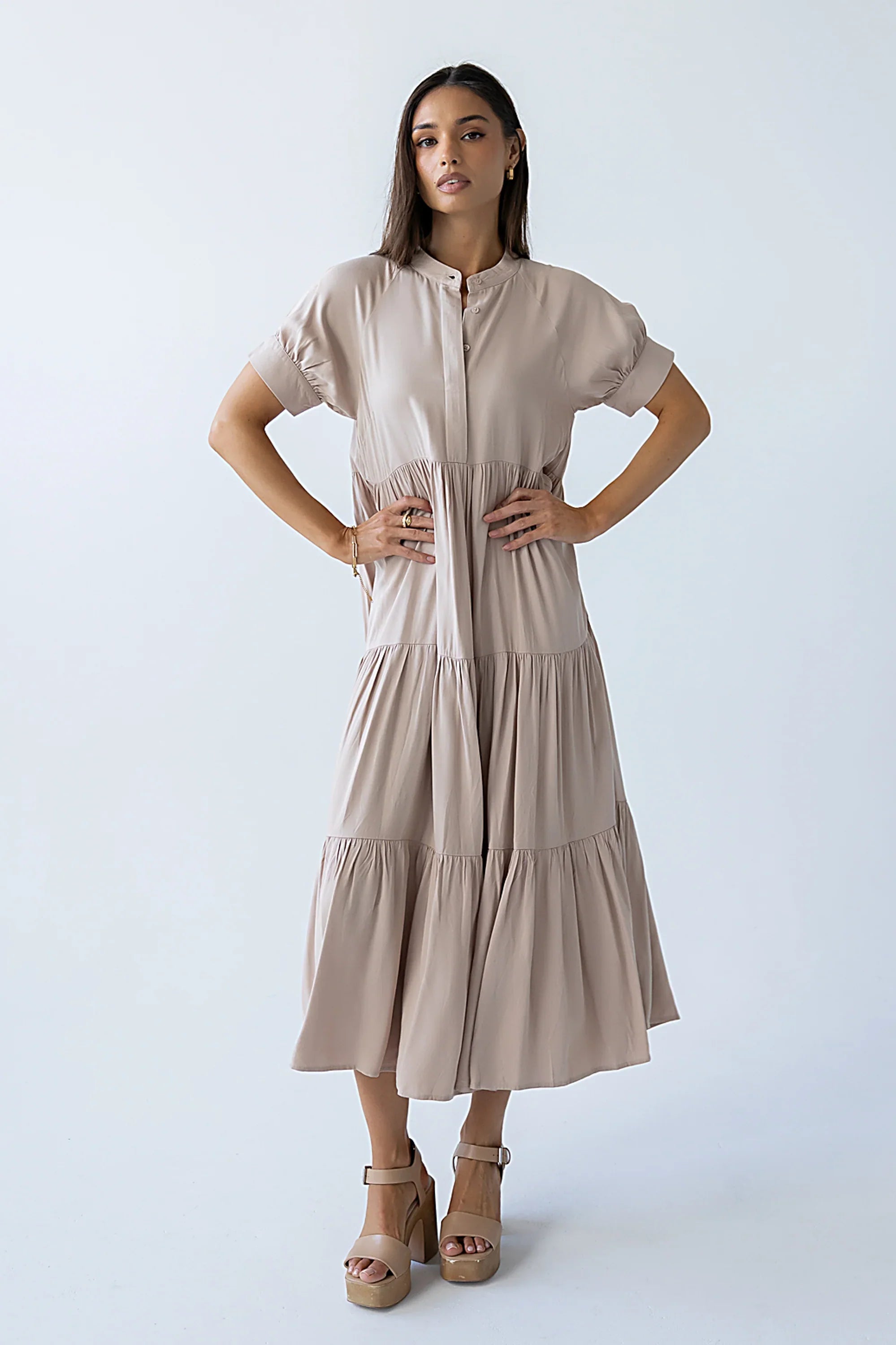 Amanda Tiered Dress in Tan
