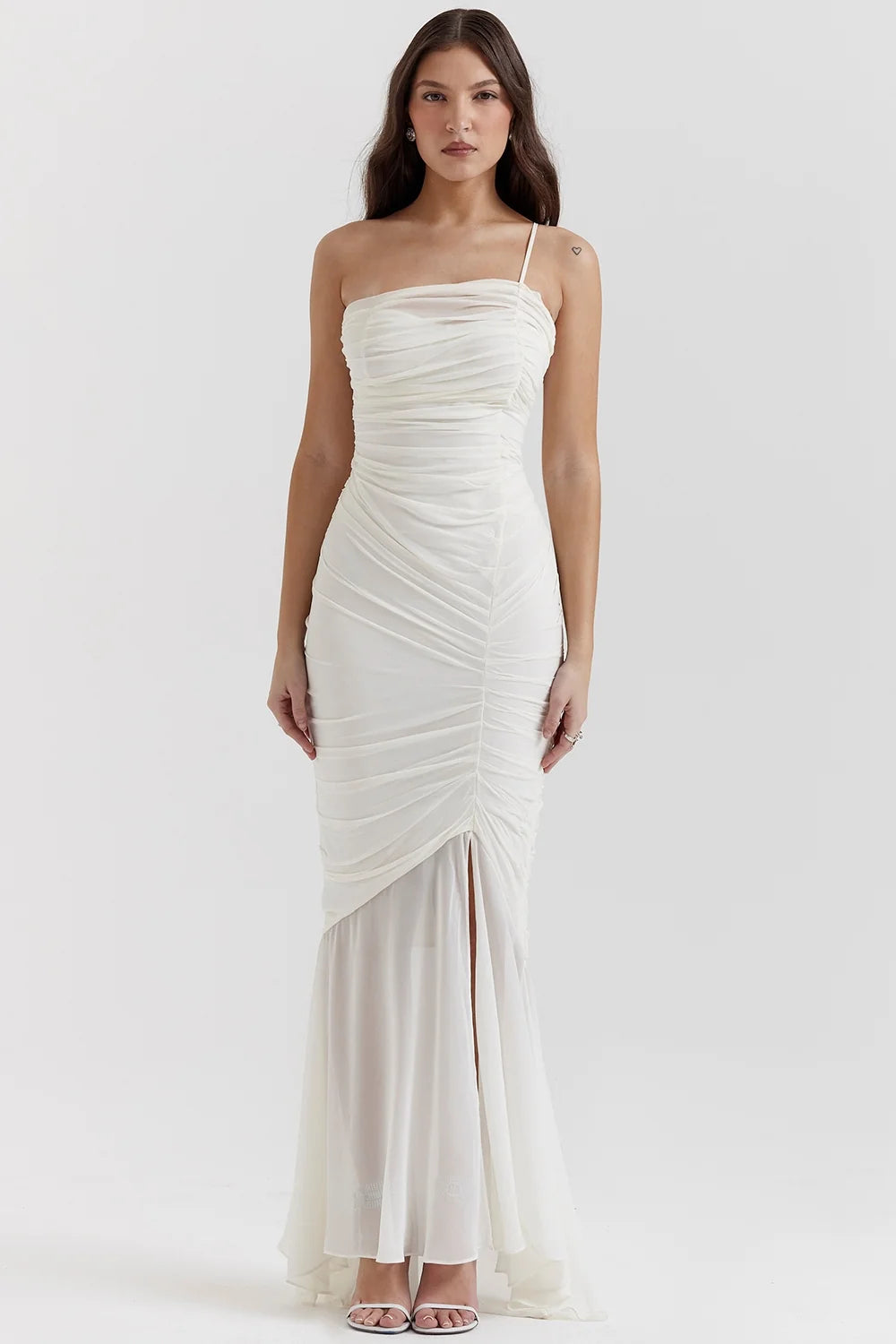 ivory ruched maxi dress