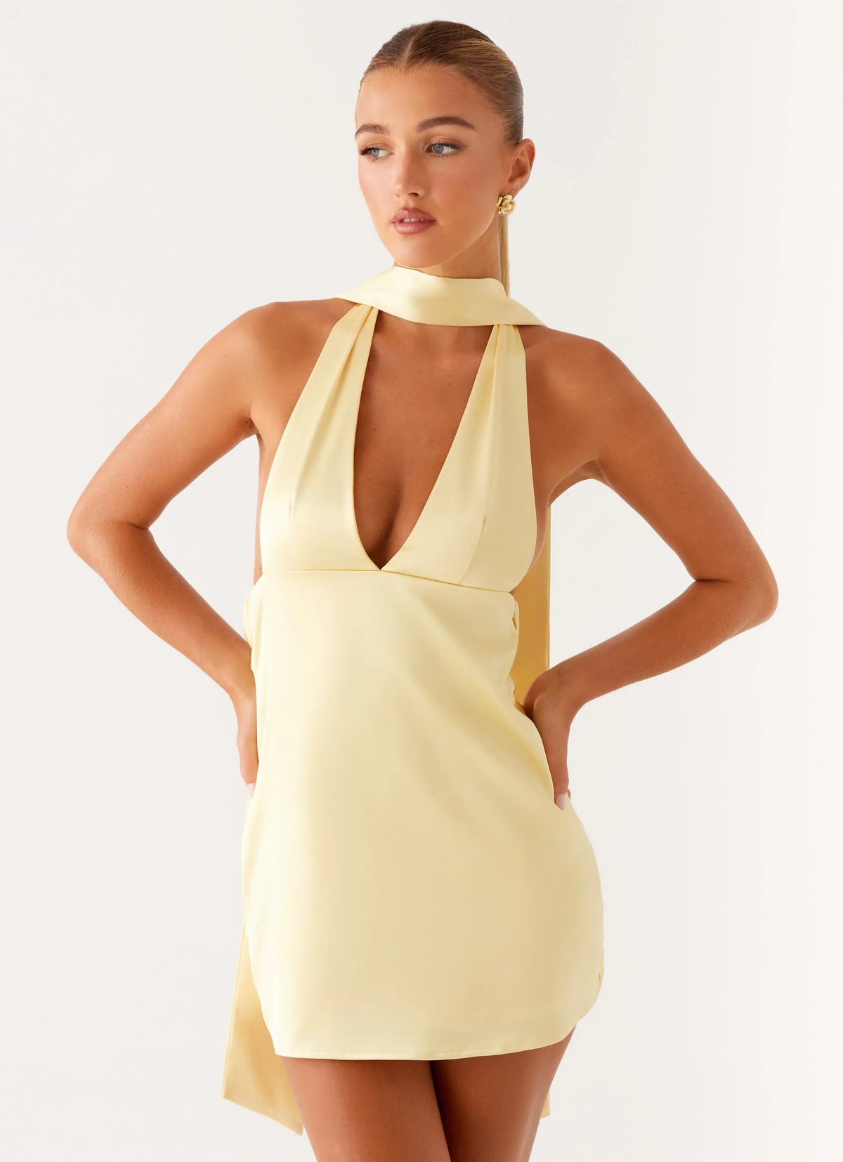 Alicia Satin Halter Mini Dress Pastel Yellow