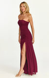 Lara Maxi Dress Strapless Ruched Mesh High Leg Split Dress in Wine
