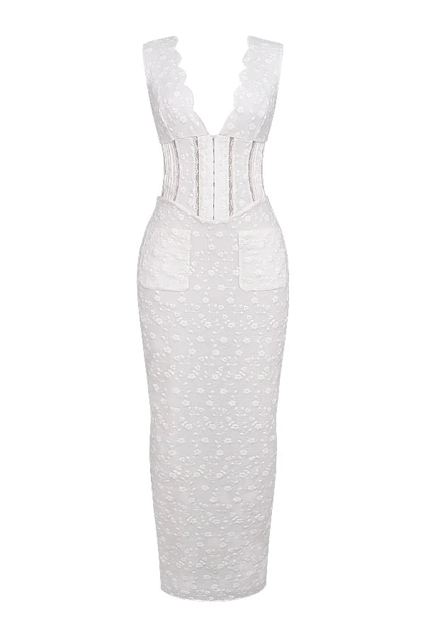 white cotton broderie anglais plunge maxi dress