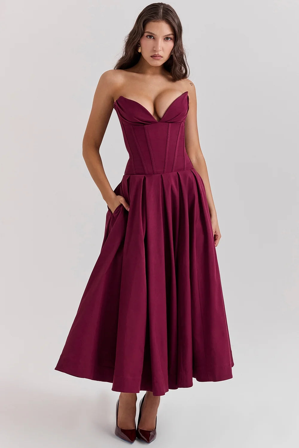 wine strapless midi dress