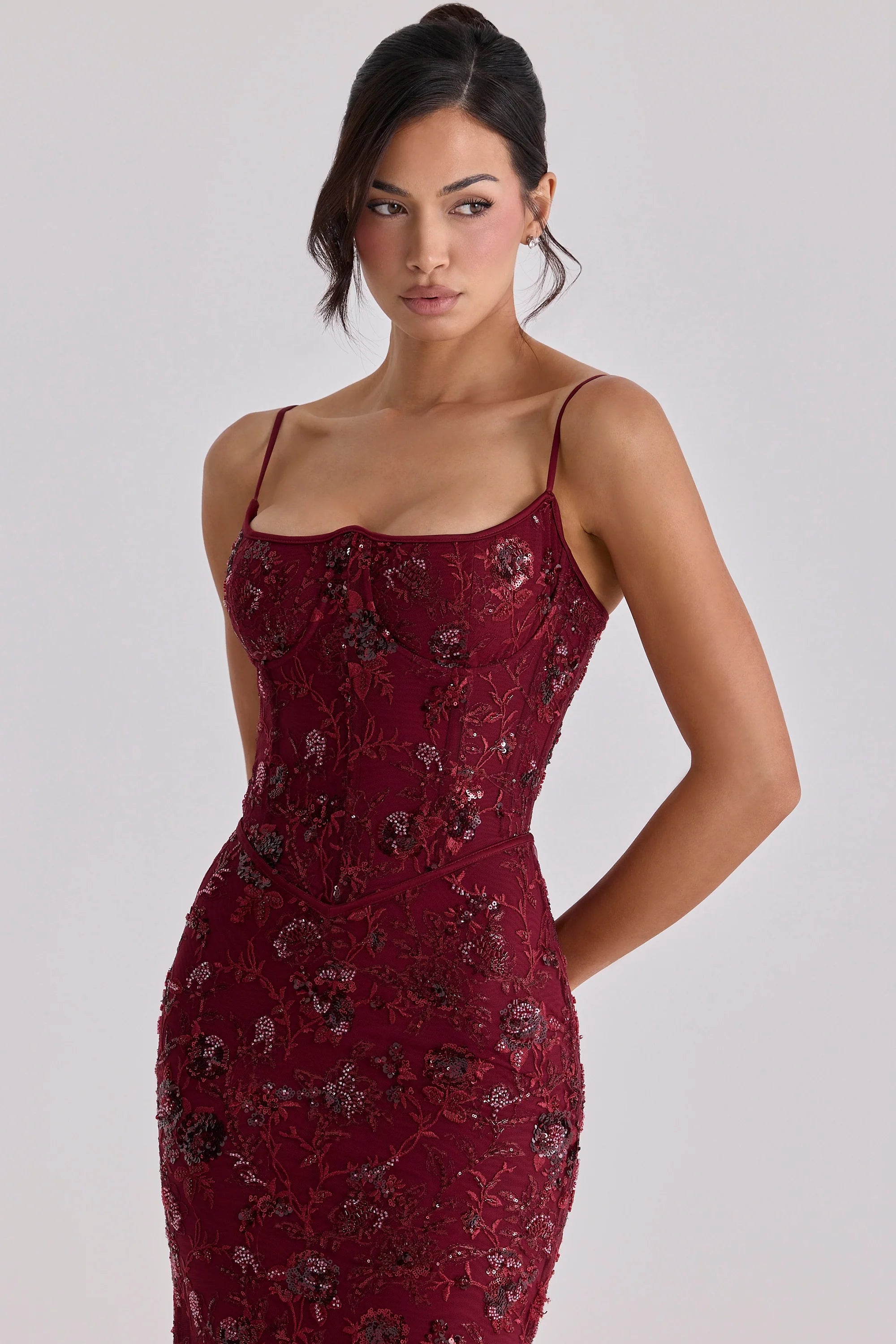 wine hand beaded embellished corset maxi dress limited edition