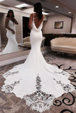 Unique Mermaid V Neck Satin Wedding Dress with Appliques