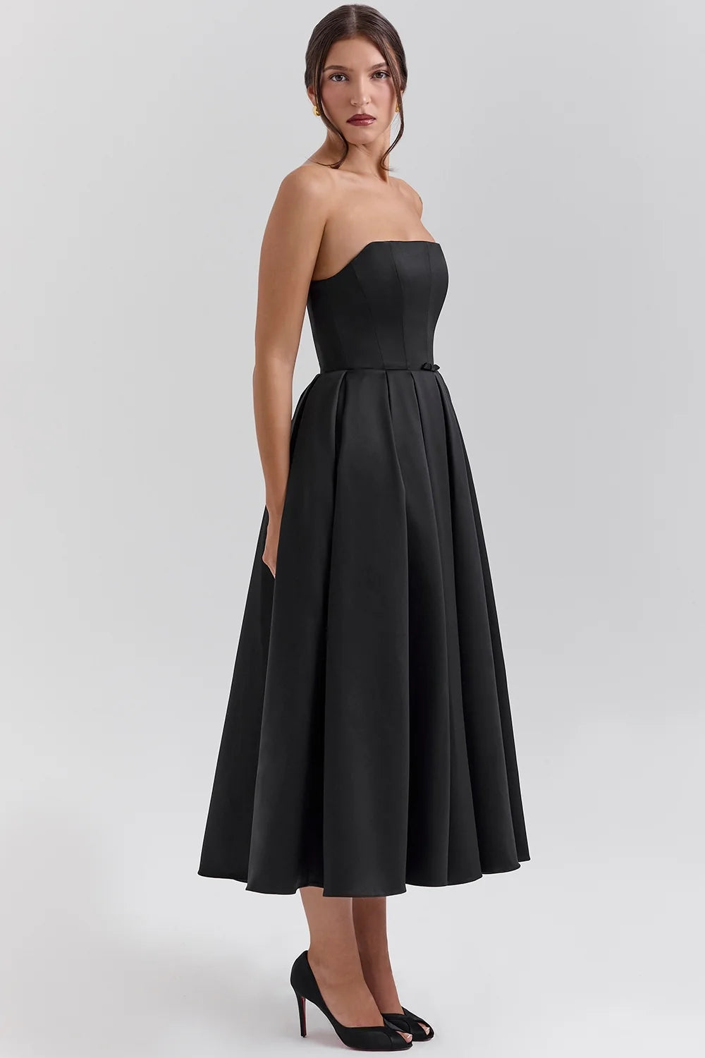 black strapless satin corset midi dress sale