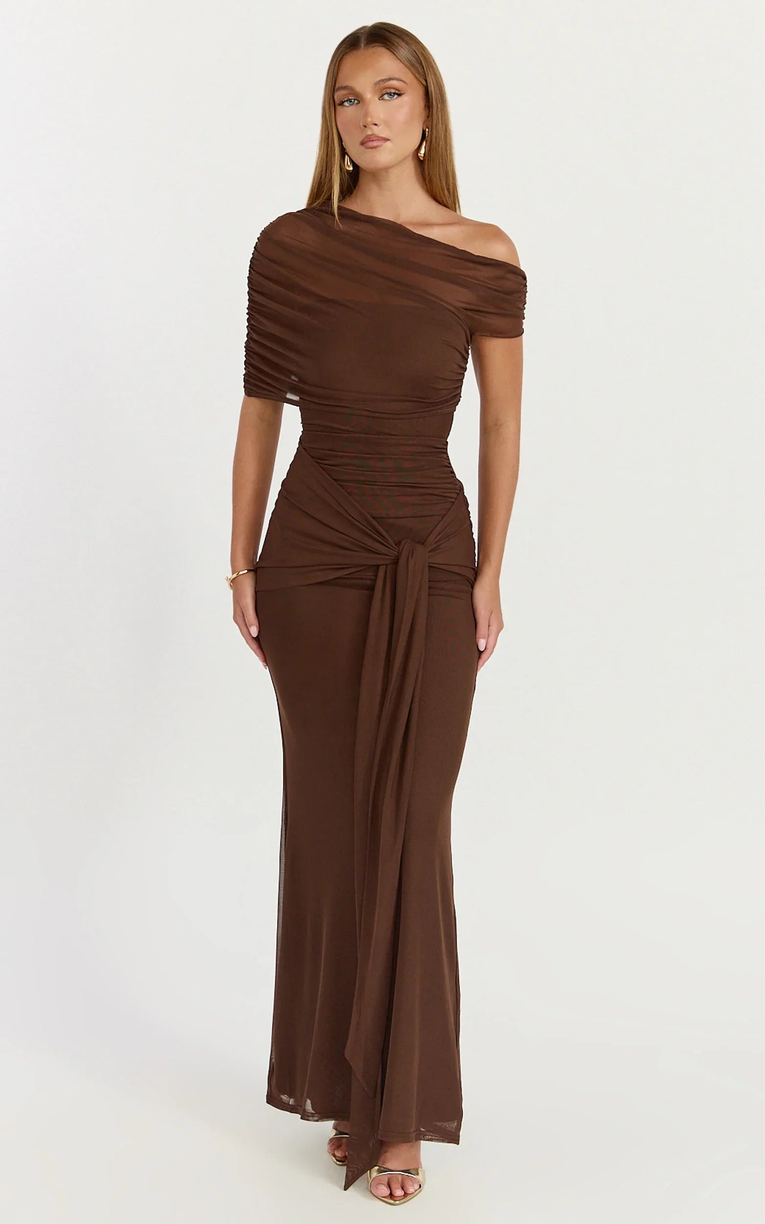 Nicolette Maxi Dress Cape Sleeve Off Shoulder Dress in Chocolate