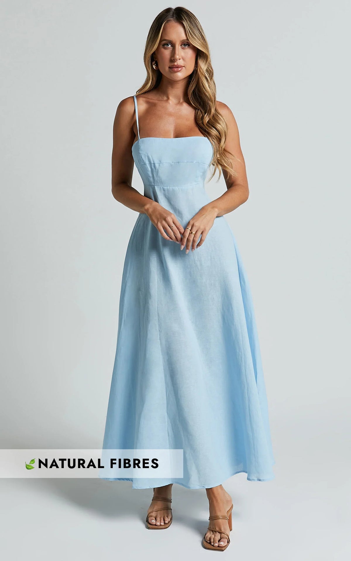 Brette Midi Dress Linen Straight Neck Strappy Fit And Flare Dress in Blue