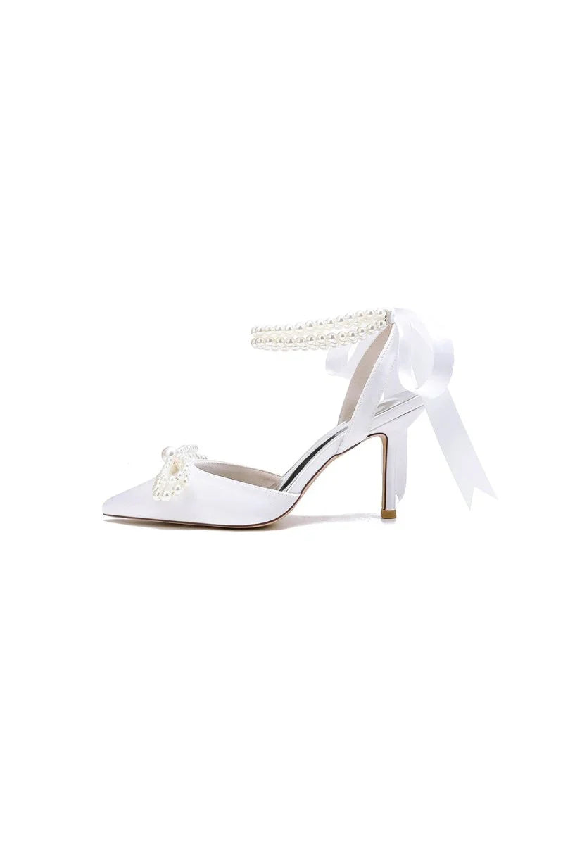 Pointed Toe Pearl Strap with Ribbon Tie