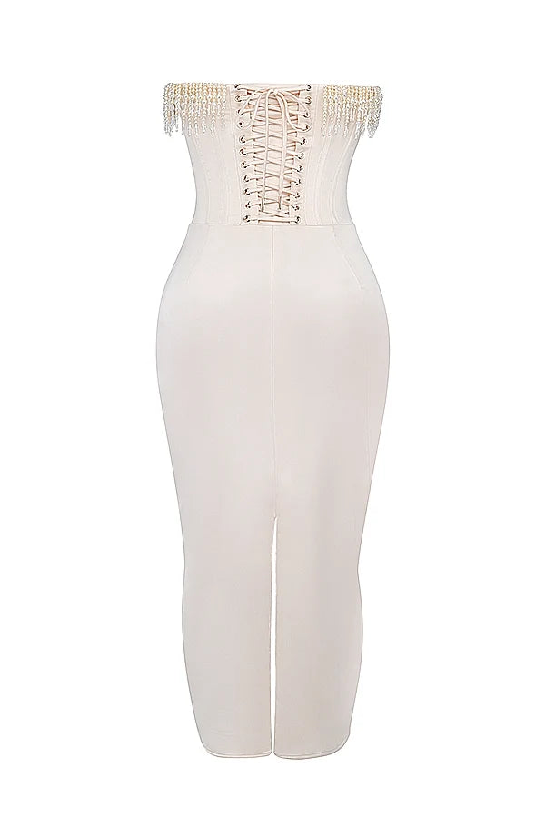 vintage cream embellished strapless dress