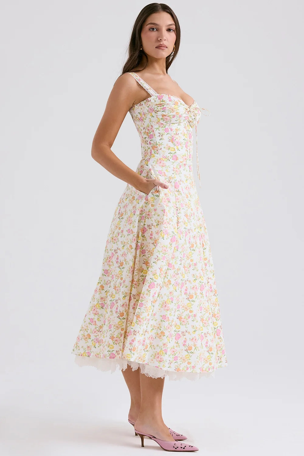 ivory meadow print cotton bustier sundress