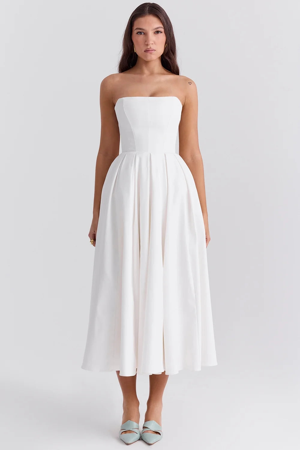 white strapless midi sundress