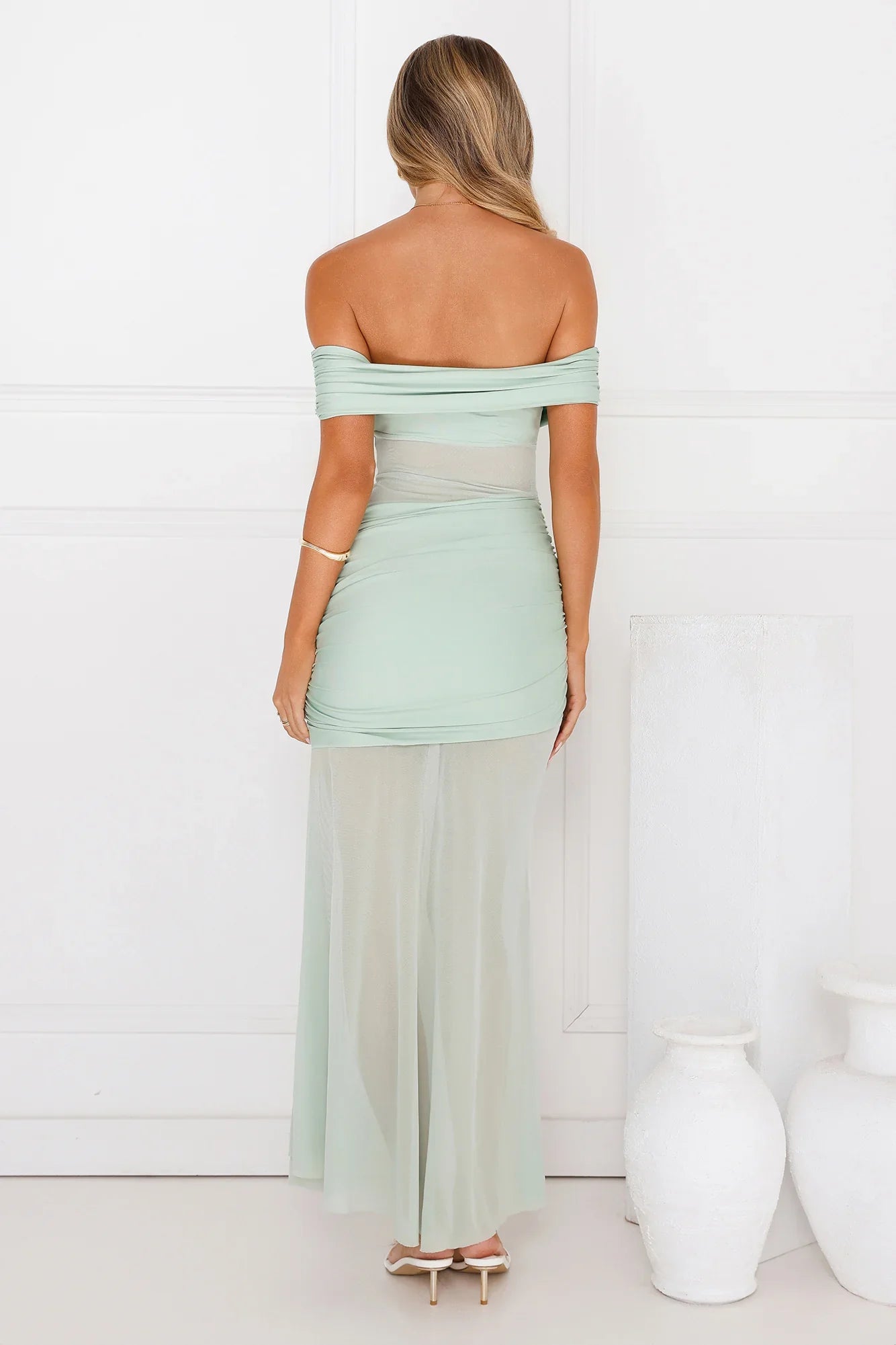Dewdrop Dream Off Shoulder Mesh Maxi Dress Sage