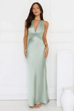 Spiced Sunset Satin Halter Maxi Dress Sage