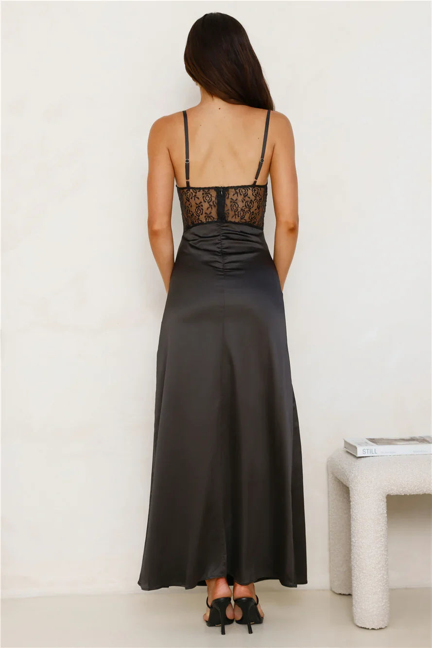 Trend Queen Satin Lace Maxi Dress Black