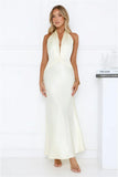 Twilight Charm Satin Halter Maxi Dress Yellow